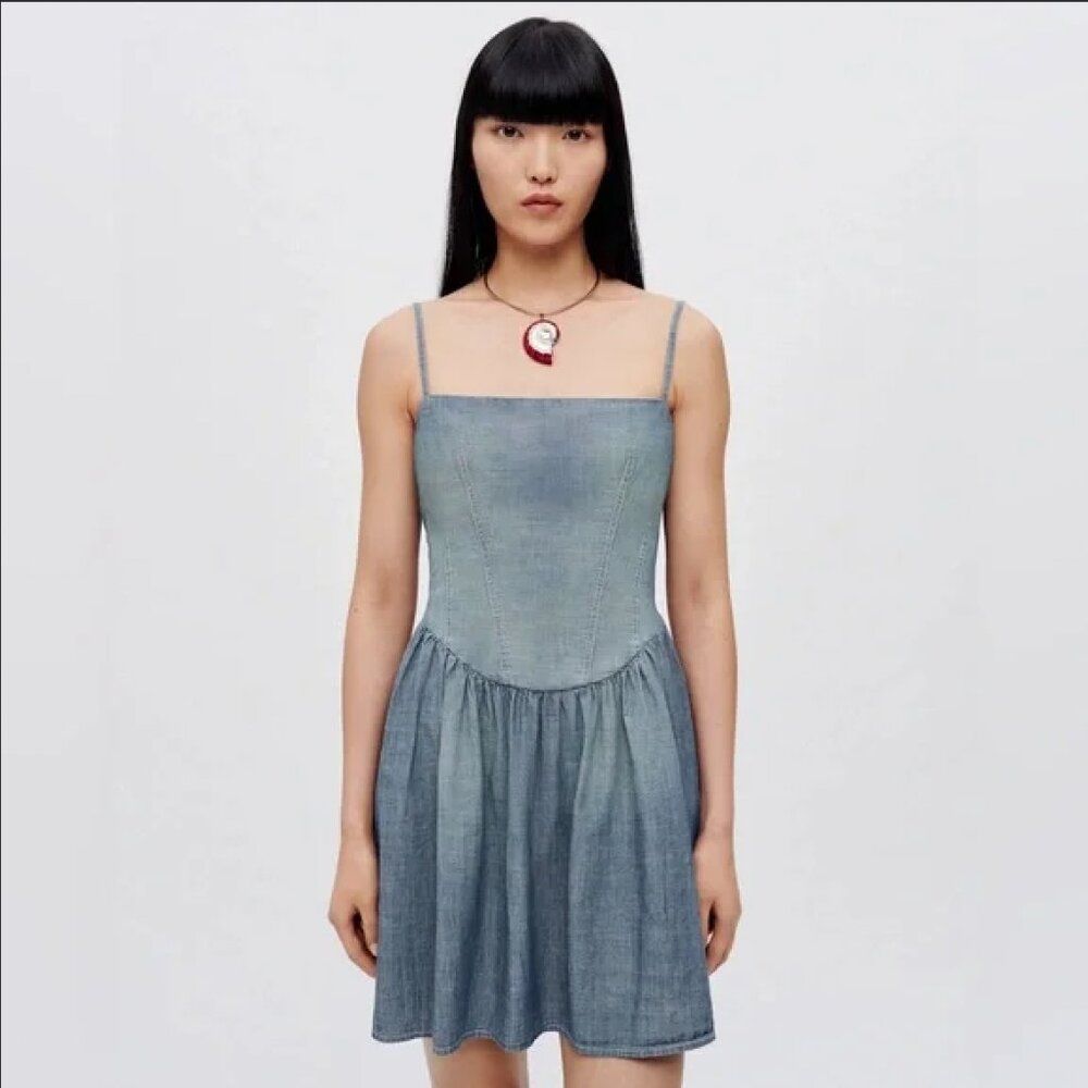 Pam Anderson Re/Done Mini Jean Denim Corset Chambray Dress, size S, NWT
